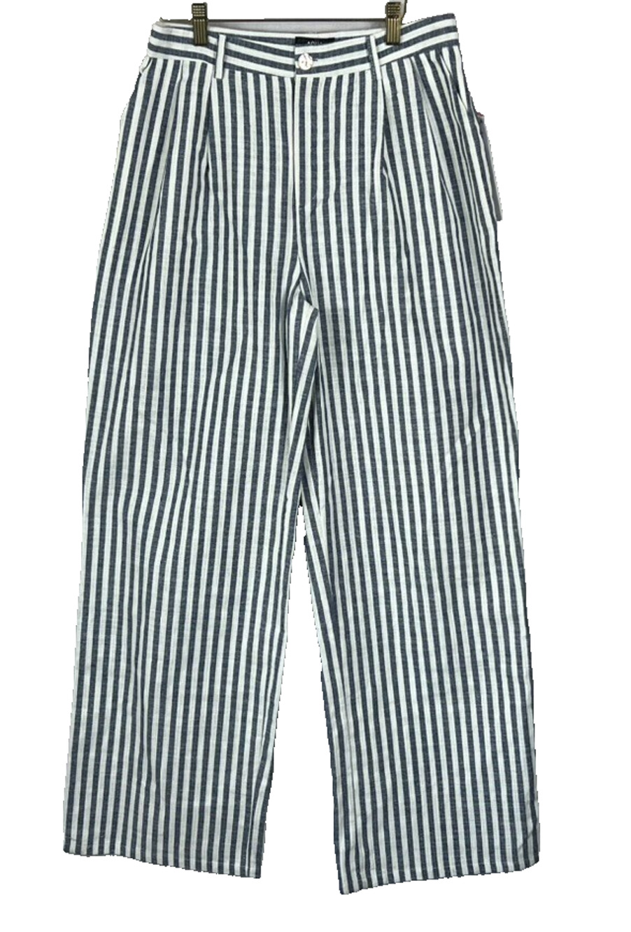 Aqua Pants Women's Size Medium Blue White Striped Straight Leg Flax Blend NWT
